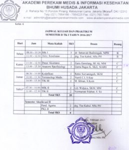 Jadwal Perkuliahan Semester Genap T.A 2016/2017